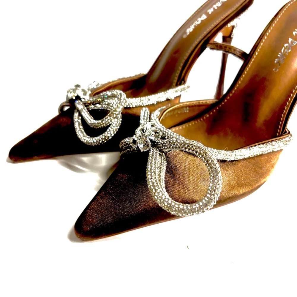 Metallic ankle-wrap Stiletto heels Crystal-embellished Bow detail Chocolate 9W - Picture 11 of 14